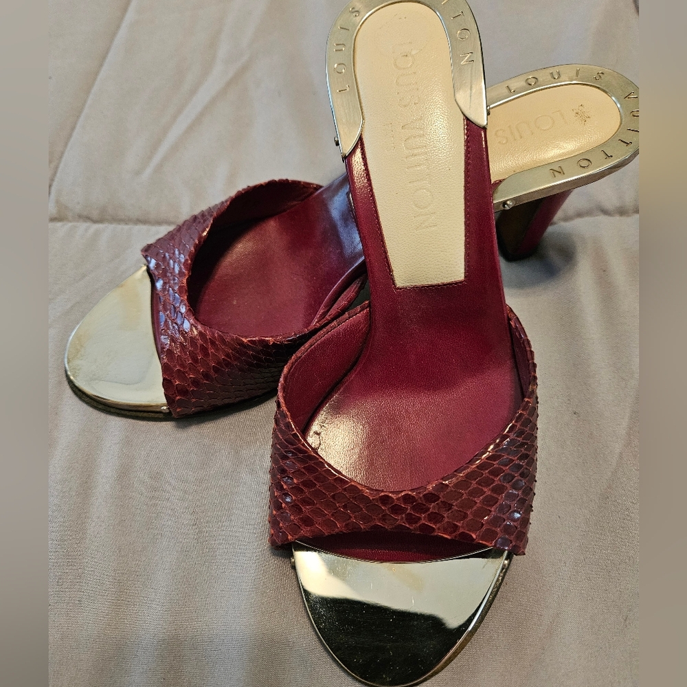 Louis Vuitton Burgundy Snakeskin Leather Open-Toe Heels with Gold Accents